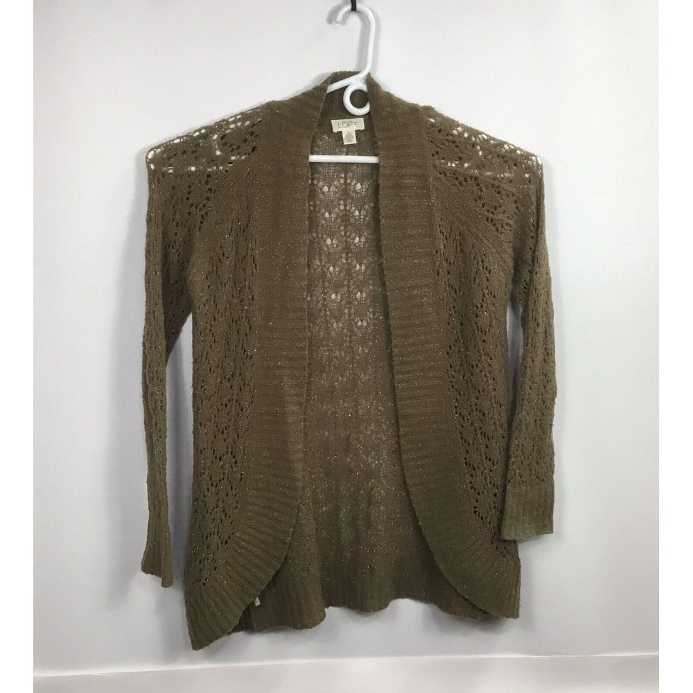 Ann Taylor Loft Long Duster Sweater‎ Womens Size 12 Brown Gold Crocheted